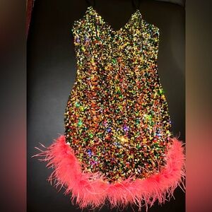 Colorful sequin and pink fur min dress size S